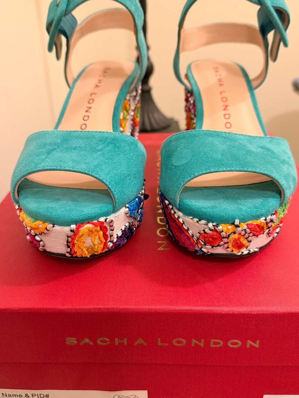 Bright Teal Suede Embroidered Wedge Sandals by